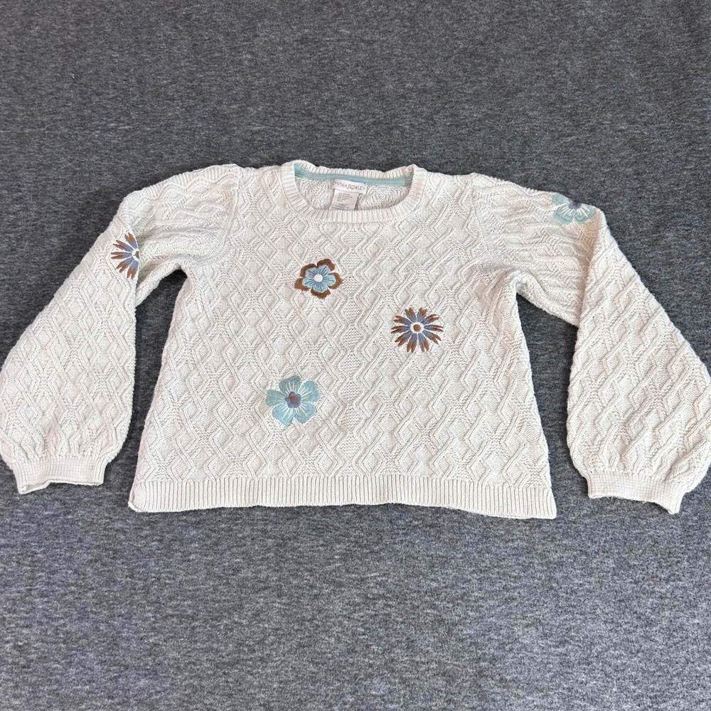 Cynthia Rowley Girls Cream Cable Knit Floral Embroidered Sweater Size M 7-8